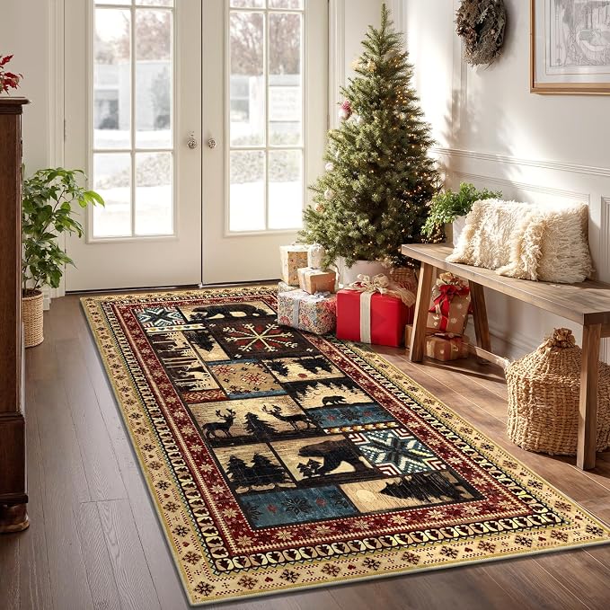 LOKHOM 3x6 Hallway Runner Rug, Non Slip Washable Western Cabin Bear Rugs | Bear Pattern, Low Pile Soft Kitchen Rug, Vintage Wildlife Accent Carpet Runner, For Laundry Bedroom Entryway Nursery