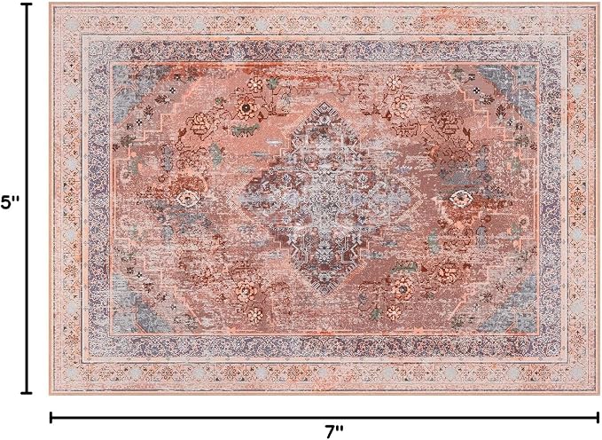 Phantoscope Washable Area Rug 5'x7' Non-Slip, Vintage Neutral Fall Rugs for Living Room, Bedroom, Dining Room, Distressed Boho Medallion Pattern, Low-Pile Foldable Floor Carpet, Rust Orange