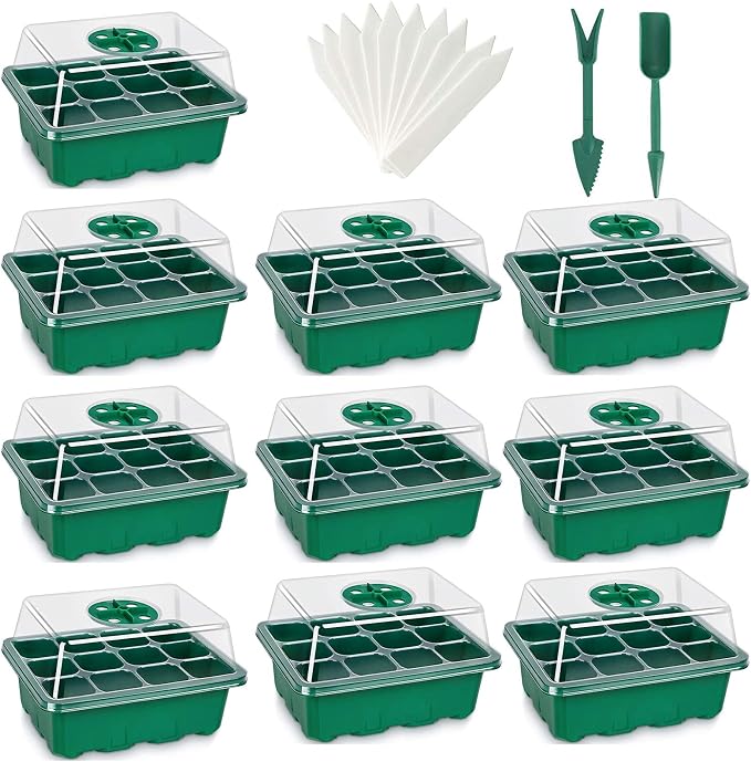 UWIOFF Seed Starter Tray, 12-Pack 144 Cells Seedling Starter Trays, Humidity Adjustable Seed Tray Kit with Dome and Base Greenhouse Grow Trays Mini Propagator for Seeds Growing Starting