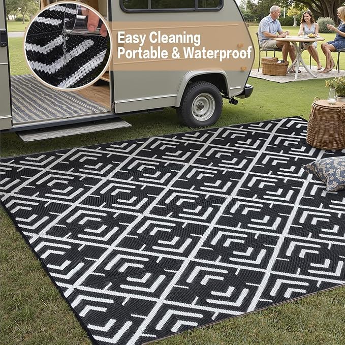 HUGEAR RV Outdoor Rug Waterproof Mat Outdoor Rugs 6'x9' for Patios Clearance Carpet Outdoor Camping Rugs Large Plastic Straw Rug(Geometric Black&White)