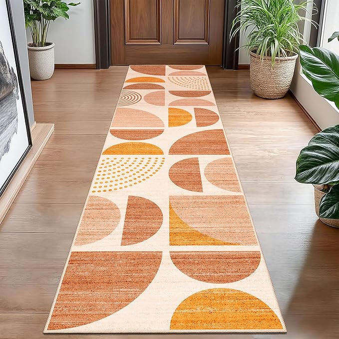 Boho Runner Rug Washable 2x8 Area Rugs Non Slip Modern Abstract | Long Throw Carpet for Hallways Kitchen Bedroom Entryway Bathroom Laundry Soft Low Pile Floor Indoor Bohemian Orange