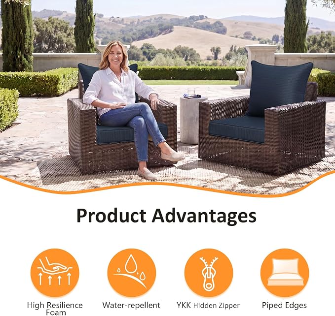 Unimatta Outdoor Patio Chair Cushions Set, 24" x 24"(24x24 Back), Set of 2, Water-Repellent, Fade Resistant, Deep Seat Bottom and Back Cushion for Backyard, Couch, Sofa, Dark Blue Linen