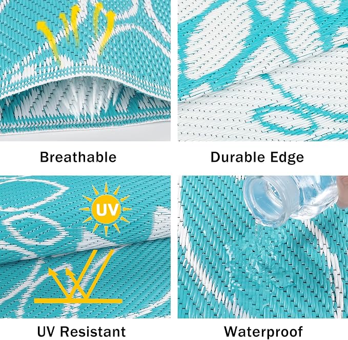 Ileading Waterproof Outdoor Rug 5x8, Reversible Plastic Straw Patio Rug, Portable Indoor Outdoor RV Camping Mat Carpet for Deck, Porch, Balcony, Backyard, Picnic, Floral Teal