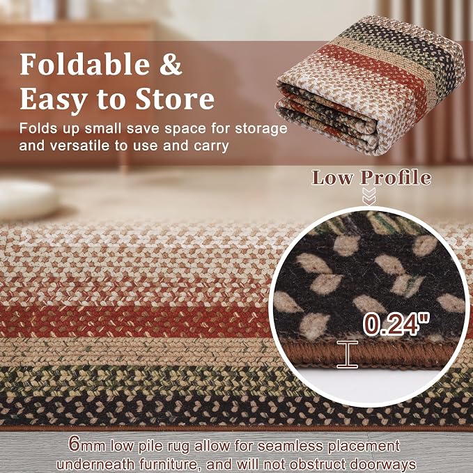 RUGSREAL Washable 2x10 Long Hallway Runner Rugs Braided Print Rug Non Slip | Farmhouse Kitchen Carpet Low Pile Rustic Accent Area Rugs for Living Room Bedroom Bathroom, Crimson/Earthy