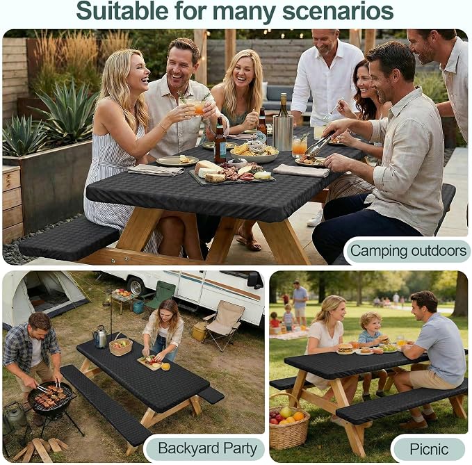 Play Tailor Picnic Table Cover with Bench Covers Camping Essentials Waterproof Windproof Camping Tablecloth with Drawstring Bag, Fitted Rectangle Tables and Seats, 72in, Black
