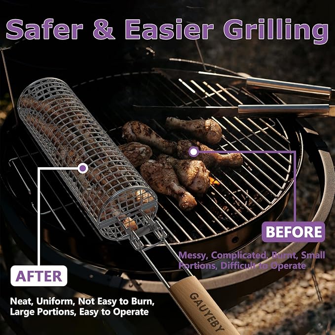 Rolling Grill Basket, Grill Baskets for Outdoor Grill, REMOVABLE HANDLE, Anti-Scorch Stainless Steel BBQ Net Tube for Meat, Shrimp, Vegetables, Grill Accessories, Gifts for Dad, Husband (Round)