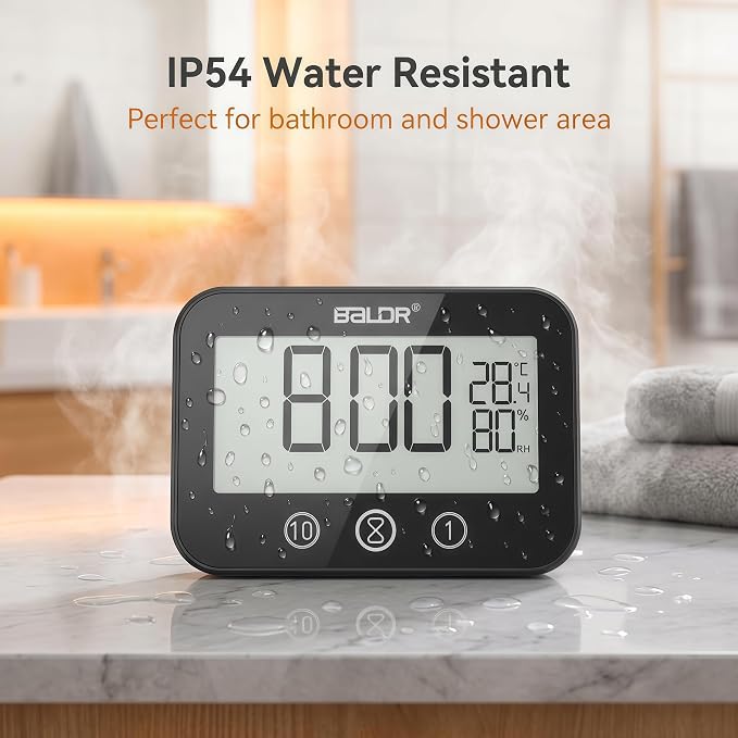 Digital LCD Waterproof Timer Shower Clock, Waterproof for Water Spray, Bathroom Clock Wall Mount, Two Suction Cup, Displays Time, Temperature, and Indoor Relative Humidity (1, Black)