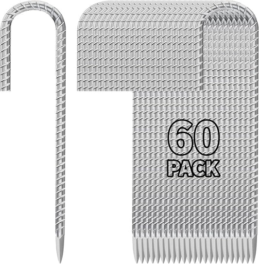 Besitu 12 Inch Ground Stakes Heavy Duty J Hook 60-Pack Metal Spikes Galvanized Ground Hooks Anchors Rebar Ground Stakes for Fence Tent Gazbo Bounce House and Outdoor Decorations Inflatables