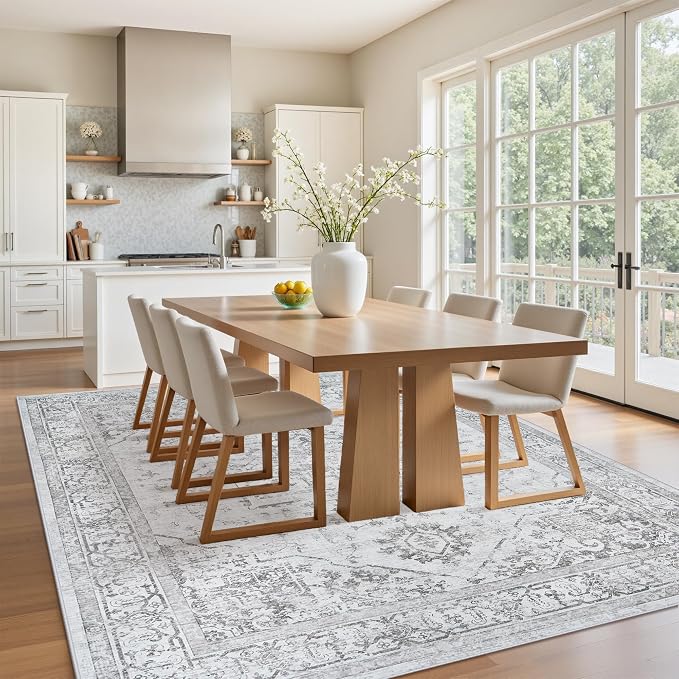 Area Rug 6x9 Living Room Rug Washable Grey Non-Slip Rugs | Vintage Medallion Rug，Soft Low Pile Large Rugs，Indoor Retro Carpet for Bedroom Nursery Dining Table Farmhouse Home Office