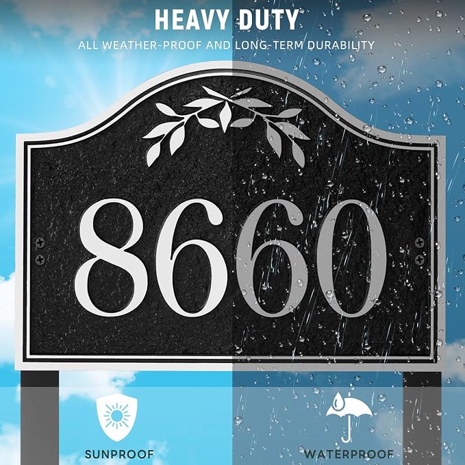Yard Address Sign - Personalized Address Plaque,House Number Yard Sign,House Numbers for Outside,Lawn,Yard,Ground with 2 Stakes (Black/Silver)