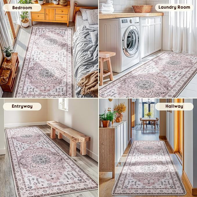LBRO2M Machine Washable Rug Soft Pet Friendly Carpet 2'6" x 8' Pink | Persian Runner Rug 2'6"X8' for HallWay, Bedroom, Kitchen, Laundry Room, Non Slip Carpet, Foldable Stain Resistant Rugs