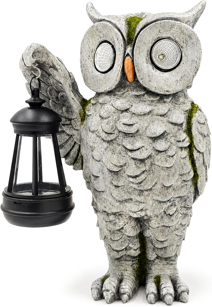 Solar Owl Statue Outdoor Decor | Stone-Look Resin Owl Garden Sculpture with Glowing Eyes & Hanging Lantern | Realistic Weathered Finish for Patio, Lawn, Porch, Flower Bed | Gardening Gift