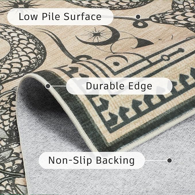 DCX 2x6 Washable Snake Rug for Living Room, Non Slip Low Pile Rug, Beige | Rugs for entryway, kitchen, dining room, office, soft, kid & pet friendly, sain resistant indoor carpet, home decor