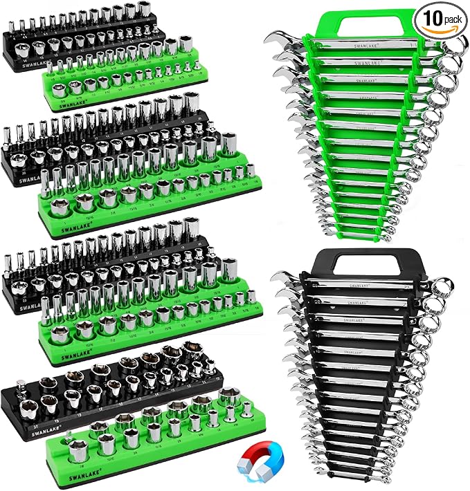 10-Piece Magnetic Socket and Wrench Organizer Set, 1/4", 3/8", 1/2" Drive Metric SAE Socket Organizer, Magnetic Wrench Holder 30 Slots Total, Tool Box Organizers (Sockets Wrenches not Included)