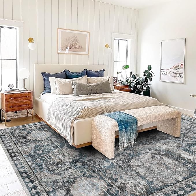 Washable Area Rugs - Perfect for Living Room, Bedroom, Kids Room, Nursery - Stain & Water Resistant Non-Slip, Pet & Child Friendly, Vintage Tribal Area Rugs (Grey and Blue, 5' x 7')