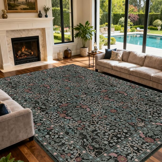 Extra Large 10x14 Area Rug for Living Room, Washable Rugs for Dining Room, Bedroom, Non Slip Stain Resistant Carpet, Low Pile Vintage Floral Rug (Dark Green)