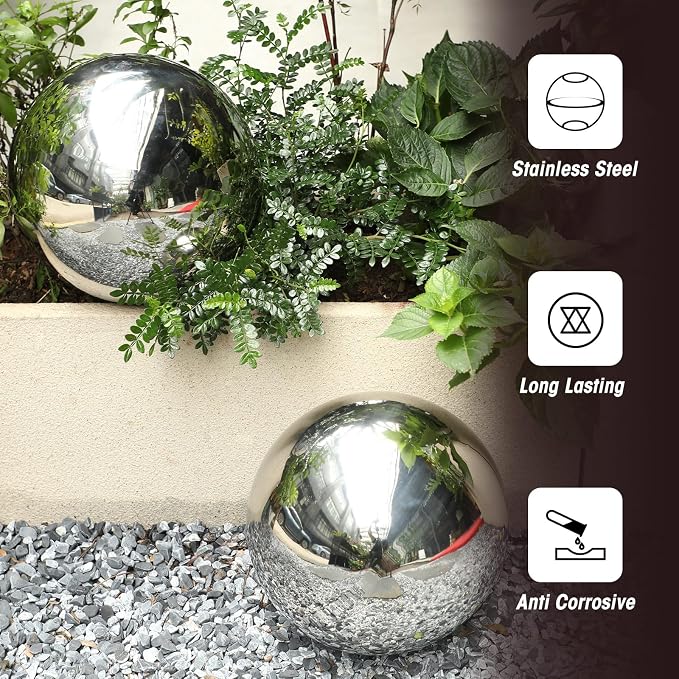 Suzile 2 Pieces 10 Inch Gazing Ball Hollow Gazing Mirror Ball Stainless Steel Garden Globe Gazing Globe Mirrored Surface Polished Ornament Sphere for Garden Outdoor Pool Yard Pond Lawn Home (Silver)