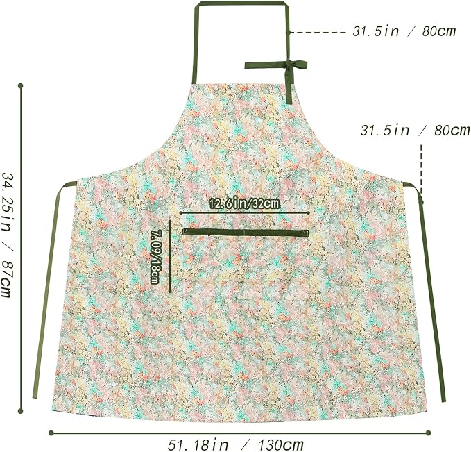 Women's Vintage Floral Kitchen Apron for Cooking & Gardening | Adjustable Neck Straps & Large Pockets, Cute Pinafore for Baking Tea Time, Practical Hostess Gift(Green/Pink Flowers)
