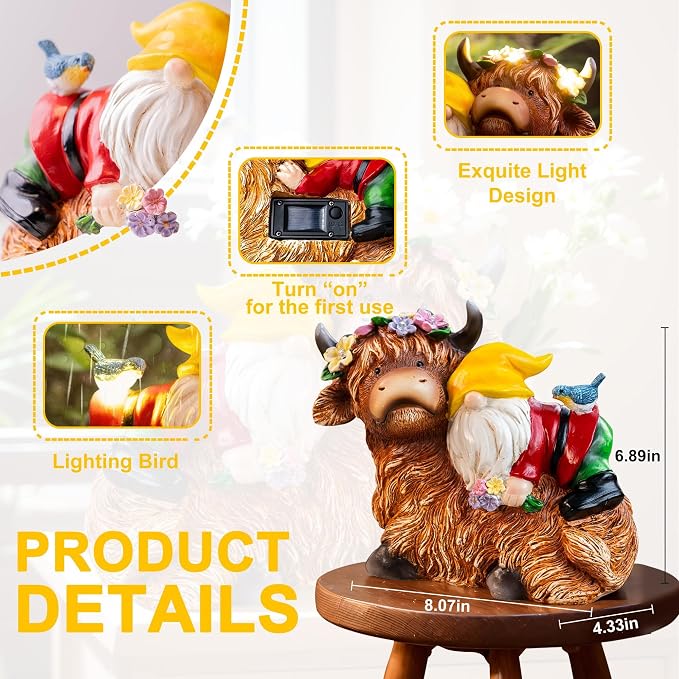 Pohabery Garden Gnome Statue - Highland Cow with Solar Flower LED Lights and Bird - Funny Outdoor Decor for Table, Patio, Lawn - Unique Birthday Gifts for Mom, Women, and Christmas Decorations