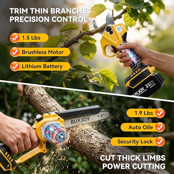 BUYJOY 2-in-1 Mini Chainsaw & Electric Pruning Shears, 1.8" Cutting Capacity, 8 Inch Cordless Chainsaw with 2 x 4.0Ah Batteries, Battery Powered Branch Cutter for Tree Trimming and Garden Pruning