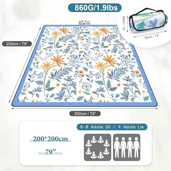DEWUR Picnic Blankets 79"x79" Extra Large Outdoor Blanket Beach Blanket Waterproof SandProof Picnic Mat Washable Foldable Portable for Grass Lawn Beach Camping (White with Flowers)