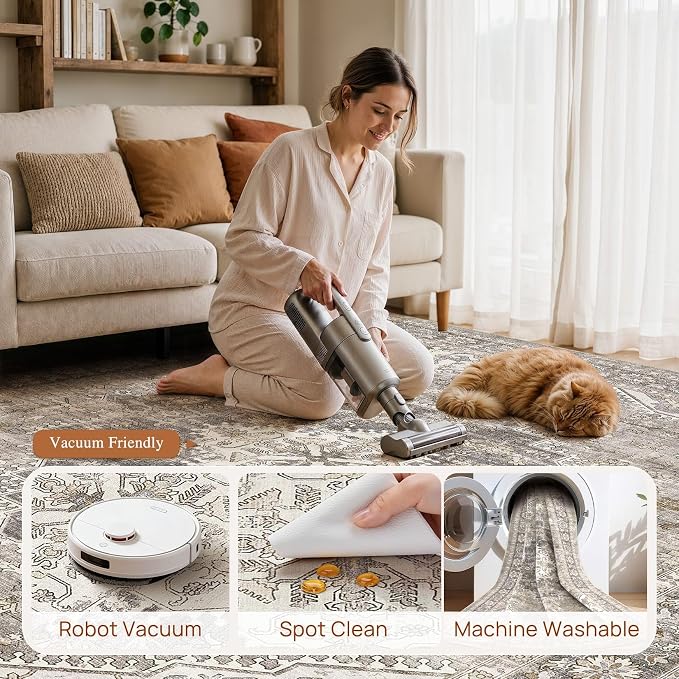 DTICON Vintage Washable 7x9 Area Rug Living Room Rugs, Taupe | Boho Distressed, Pet & Kid Friendly, Non-Slip Backing, Soft Polyester, Low-pile Carpet for Living Room, Bedroom, Dining Room