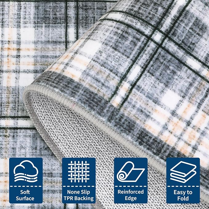 GarveeHome Checkered Rugs 2x3, Machine Washable Entryway Rug with Non Slip Backing, Stain Resistant Low-Pile Doormat for Indoor Outdoor Hallways Kitchen Bathroom Bedroom Grey