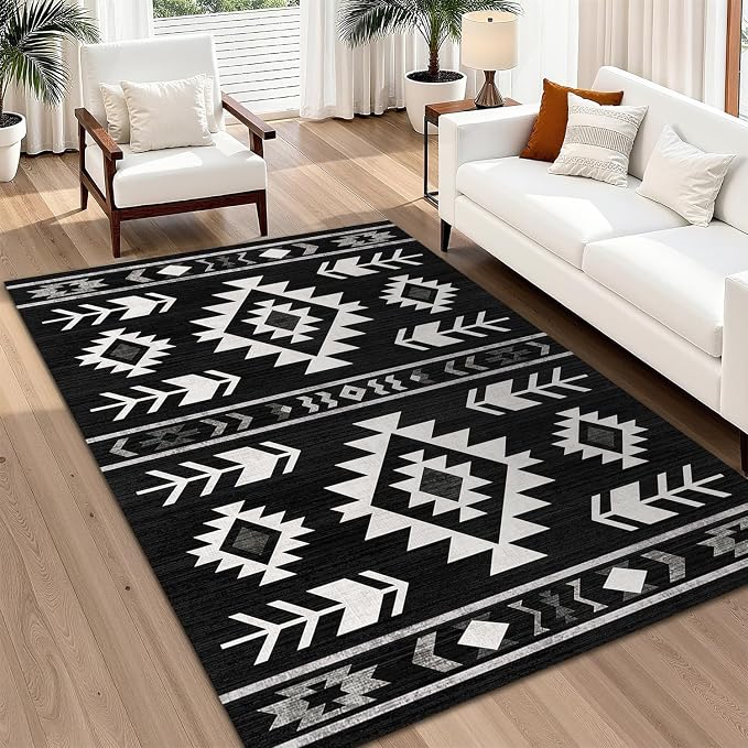 Area Rug 6x9 Western Rug Living Room Southwestern Aztec Tribal Rugs Southwest Navajo Machine Washable Non-Slip Printed Low-Pile Floor Carpet for Bedroom Dining Room Office, Black