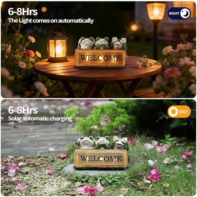10.43"W Miniature Frog Solar Garden Statue, Three Wise Frogs Resin Lighted Welcome Sign, Outdoor Fairy Garden Accessories, Housewarming Gift for Patio, Yard, Porch, Entryway, Balcony, Lawn Ornament