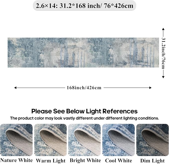 2.6x14 Extra Long Runner Rug: Grey Abstract Washable Non Slip Carpet Blue | Hallways - Soft Low-Pile Thin Indoor Runner for Long Spaces 2.6x14 Blue