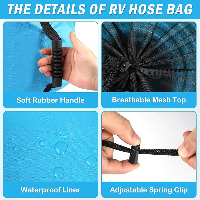 4 Pack RV Sewer Hose Storage with Drawstring Mesh Top, Waterproof RV Accessories Bags Utility Bag Organizer for Garden Fresh Water Hoses Electrical Cords Camper Tools