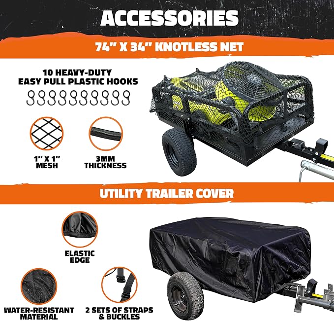 Mockins Heavy Duty 750 Lbs. Capacity UTV ATV Utility Trailer w/Cover & Net | Lawn Mower Trailer w/ Ramp, Jack Stand & 16" Wheels | Off-Road Steel Garden Dump Cart for Lawn Tractor , ATV Cart & More