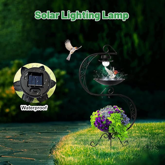 HONGLAND Bird Baths for Outside with Solar Lights, 36" Black Metal Birdbaths for Outdoors, Antique Bird Feeders with Flower Planter Pedestal for Garden, Yard, Patio Decor