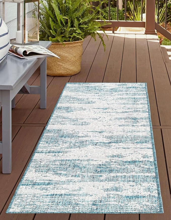 Unique Loom Outdoor Modern Collection Area Rug - Cartago (2' x 7' 10" Runner, Teal/ Ivory)