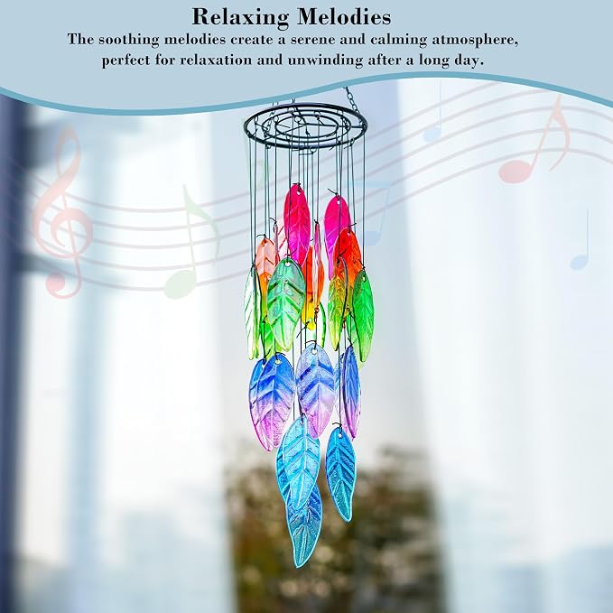 18'' Stained Glass Leaves Wind Chimes for Outside Unique Rainbow Leaves Forest Windchimes Outdoor Decoration Garden Ornament for Christmas Tree