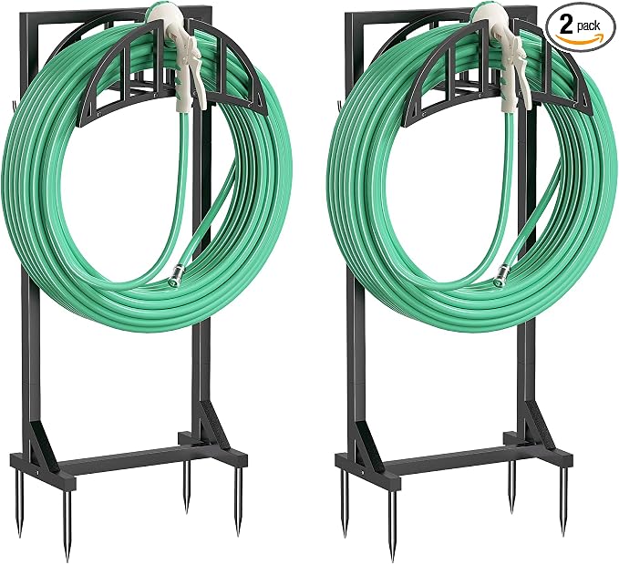 YQSLYSF 2 Pack Garden Hose Holder, Water Hose Stand with 4 Stake and 2 Tool Hooks, Heavy-Duty Metal Hose Storage Holds 150Ft, Freestanding Hose Hanger Rack for Outside, Yard, Lawn, Farm
