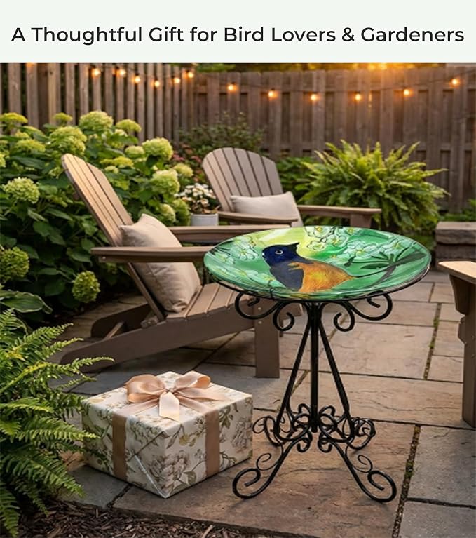 Large Bird Bath for Outside, 18" H Glass Bath Bowl with Metal Stand 28" H Standing Outdoor Birdbaths for Garden Yard Lawn Decor,Baltimore Oriole