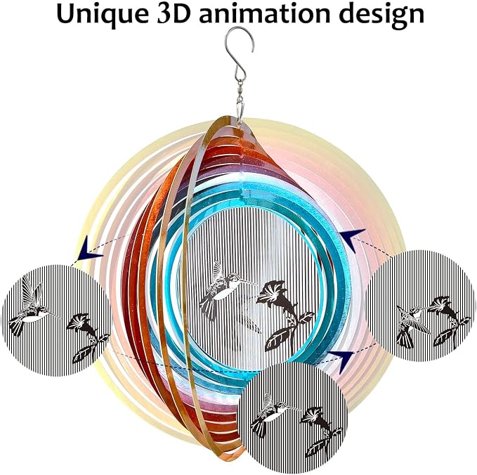 Aoedelyart 3D Animations Hummingbird Wind Spinner for Yard and Garden,12In Metal Wind Spinners Hummingbird Gift for Women Mom Grandma Wife,Outdoor Garden Decor Hanging Kinetic Yard Art Wind Sculpture