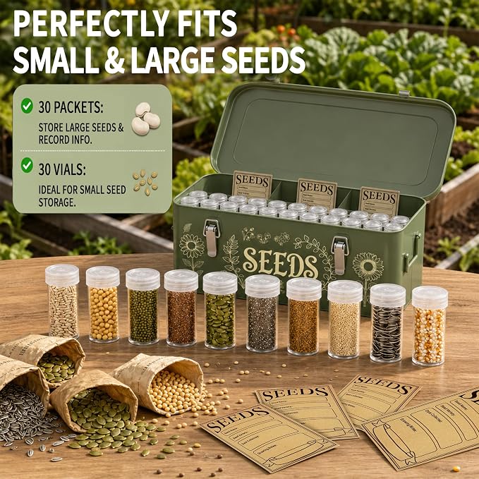 Metal Seed Storage Organizer, 4 Compartment Locking Seed Saving Box | Includes 30 Bottles & Envelopes, Dark Green Vintage Garden Seed Organizer for Flower Vegetable Heirloom Seeds