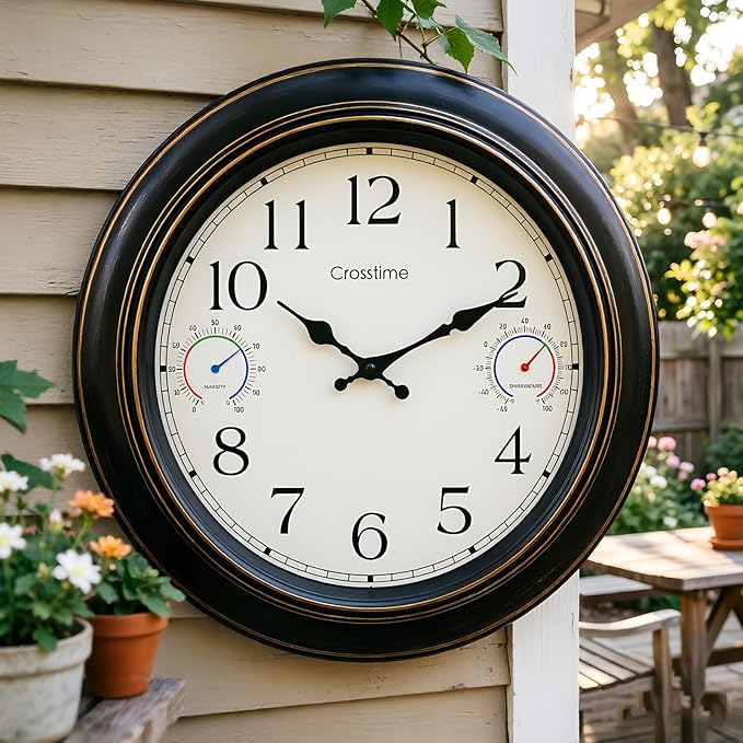 Crosstime 18 Inch Large Outdoor Clock Waterproof with Thermometer & Hygrometer - Silent Retro Wall Clock Decor for Patio, Pool, Garden, Backyard - Bronze