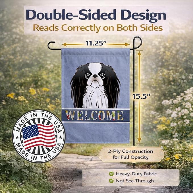 Caroline's Treasures BB1416GF Japanese Chin Welcome Garden Flag, Blue Mailbox Flag Decorative Yard Flag Banner Outside Patio Artwork Yard Flower Beds, Garden Size, Multicolor