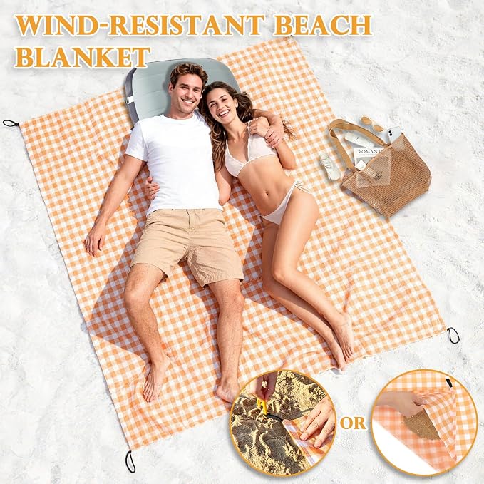 Fammart Pocket Picnic Blanket Sandproof Waterproof, Portable Lightweight Camping Tarp, Quick Dry Foldable Compact Beach Mat with Corner Pockets & Stakes for Festivals Hiking Outdoor Essentials
