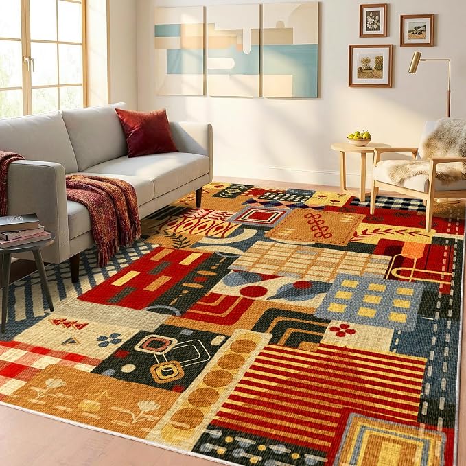 6x9 Abstract Tribal Patchwork Area Rug, Boho Colorful Rugs for Living Room | Modern Memphis-Inspired Throw Carpet| Washable Multi Color Non-Slip Low Pile Rug for Dining Room Office Bedroom Dining Room