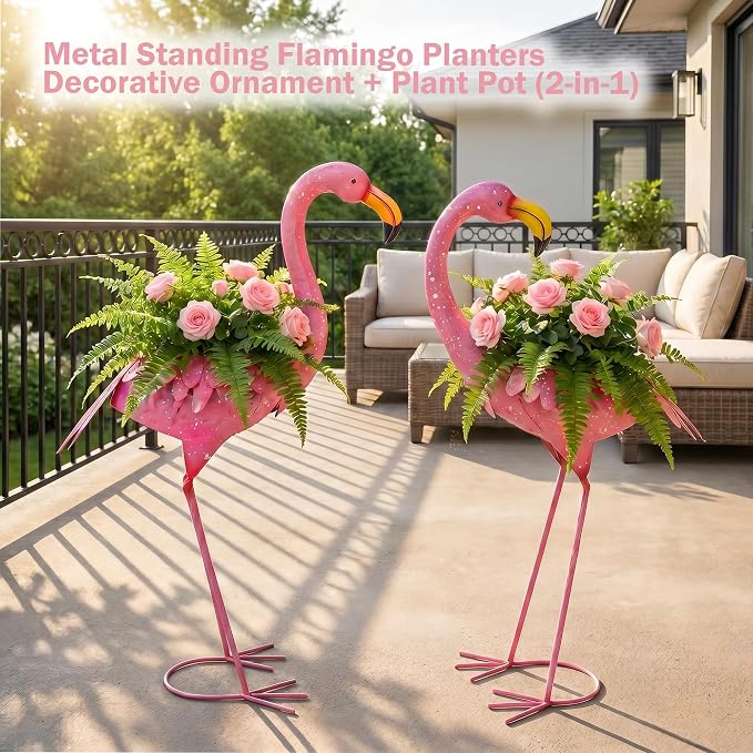 Set of 2 Flamingo Planters, Pink Metal Standing Flamingo Flower Pots with Drain Hole, Indoor Outdoor Decorative Planters for Lawn Garden Patio Yard