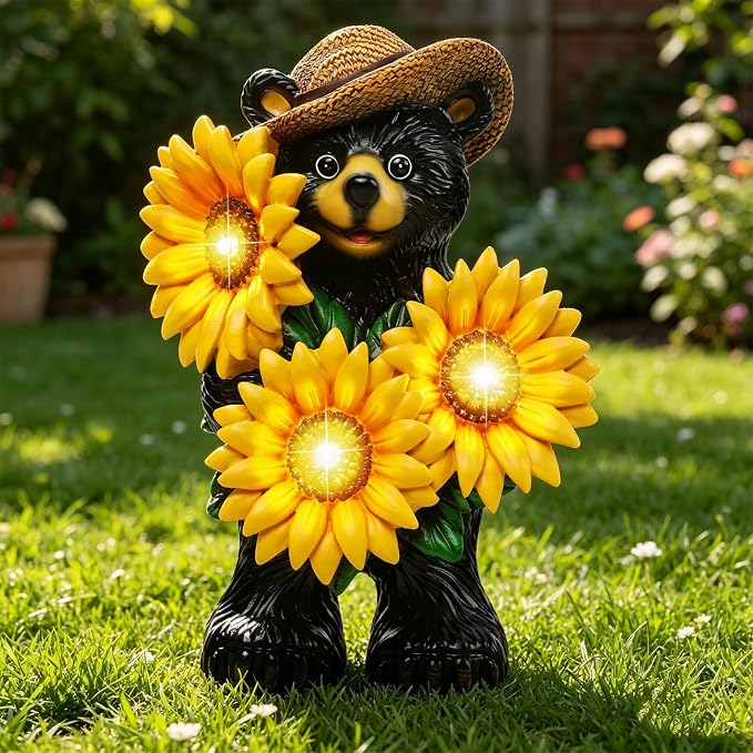Bear Statue with Sunflowers LED Light 7.2" Solar Lamp Outdoor Garden Patio Yard Porch Lawn Decor Waterproof Resin Black Bear Figurine Unique Garden Gifts for Women Mom Grandma Sister