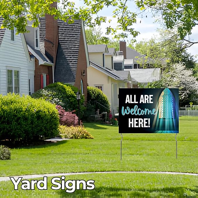 All Are Welcome Here! Yard Sign by DC | 24"x18" Double Sided Church Garden Sign with 13” Metal Stakes | Outdoor Signs Waterproof for Lawn, Patio, Sidewalk & House | Set of 5 | Made in USA