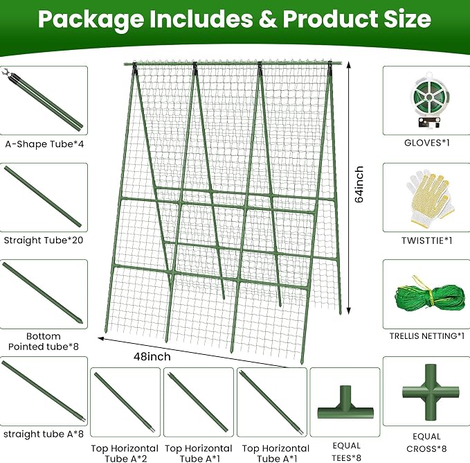 Cucumber Trellis for Raised Bed 48" L x 64" H, 16mm Adjustable A-Frame Garden Trellis with Net for Climbing Plants, Vertical Garden Vegetable Trellis for Zucchini Pea Bean Squash Grape Tomato Flowers