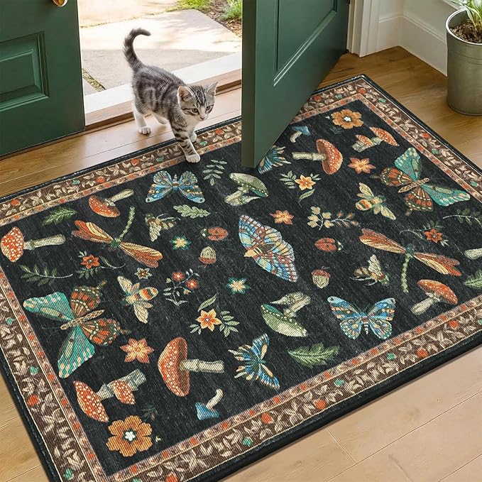 Mushroom Whimsical Cottage Core Small Rug 2x3 Washable Door Mat Indoor Rugs for Entryway Non-Slip Soft Insect Bug Butterfly Funky Decor for Bedroom Kitchen Black Brown