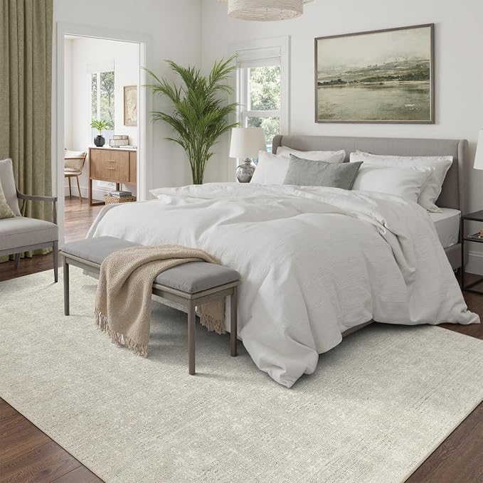 DCX Washable 6x9 Beige Rug, Stain Resistant Rubber Back Non Slip Rug | Kid & Pet Friendly Neutral Floral Rug for Living Room, Bedroom, Home Office, Soft Low Pile Large Nursery Carpet