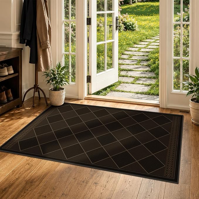 Checkered Easy Jute 3x5 for Porch Rugs Indoor Outdoor Decor, Washable Non Slip Entry Way Front Door Mat Outdoor, Farmhouse Patio Rug, Dark Brown Non Slip Daimond Carpet for Kitchen, Backyard, Laundry